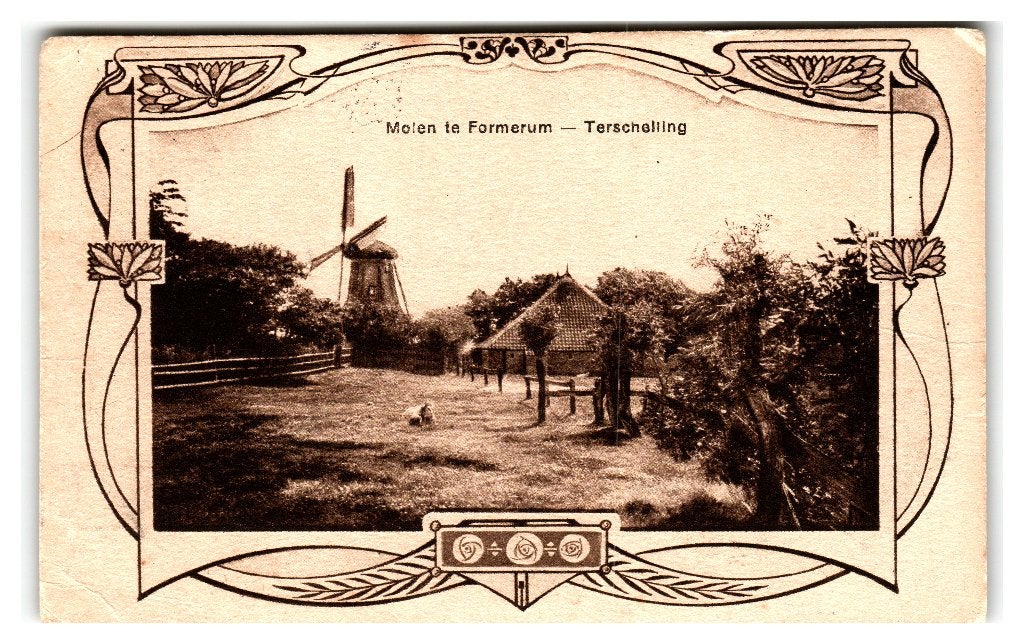 Terschelling, Formerum. Molen. Mooi stempel. Randversiering, Verzenden, 1920 tot 1940, Gelopen, Waddeneilanden