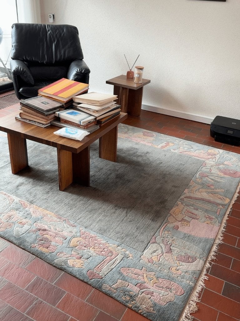 Vintage handgemaakt Chinees wollen vloerkleed – 206  246 cm, Ophalen, Gebruikt, Blauw, 200 cm of meer
