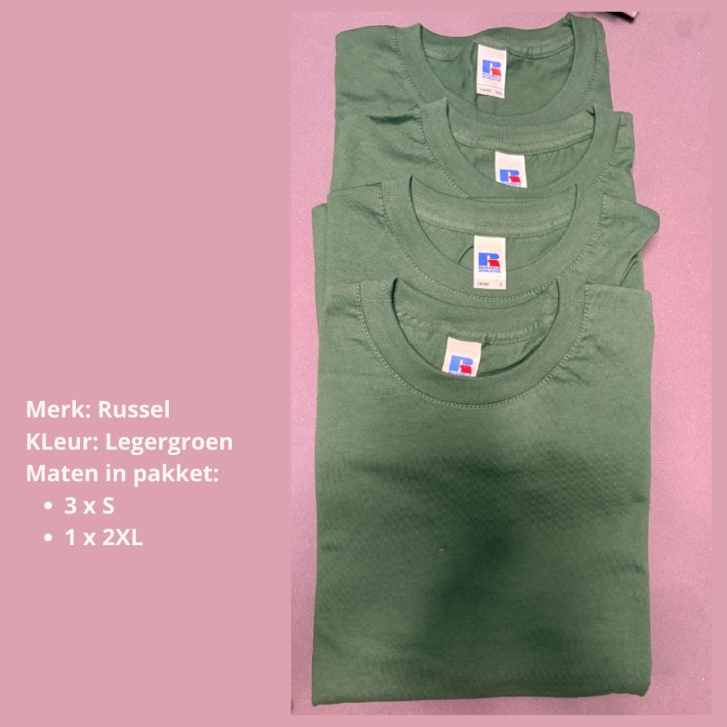 4 nieuwe Russell T-shirts legergroen – 3x S + 1x 2XL, Ophalen of Verzenden, Nieuw, Maat 46/48 (XL) of groter