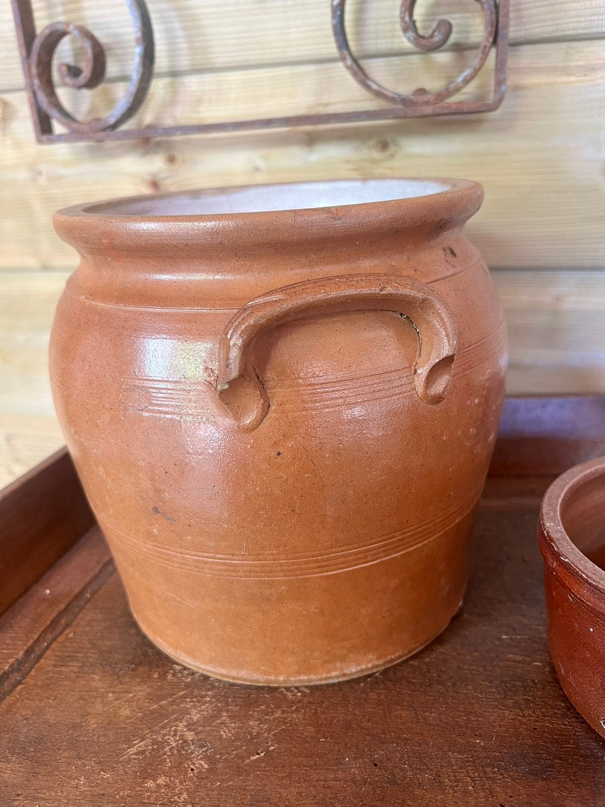 Brocante Franse bruine grespot bloempot, Ophalen