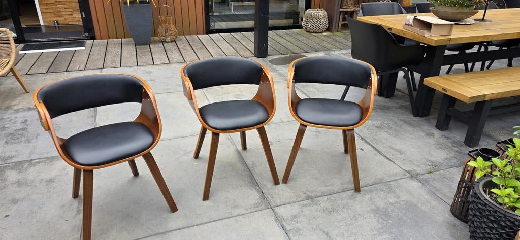 Set van 3 moderne eetkamerstoelen - Hout en zwart leer, Ophalen, Zwart, Zo goed als nieuw, Leer