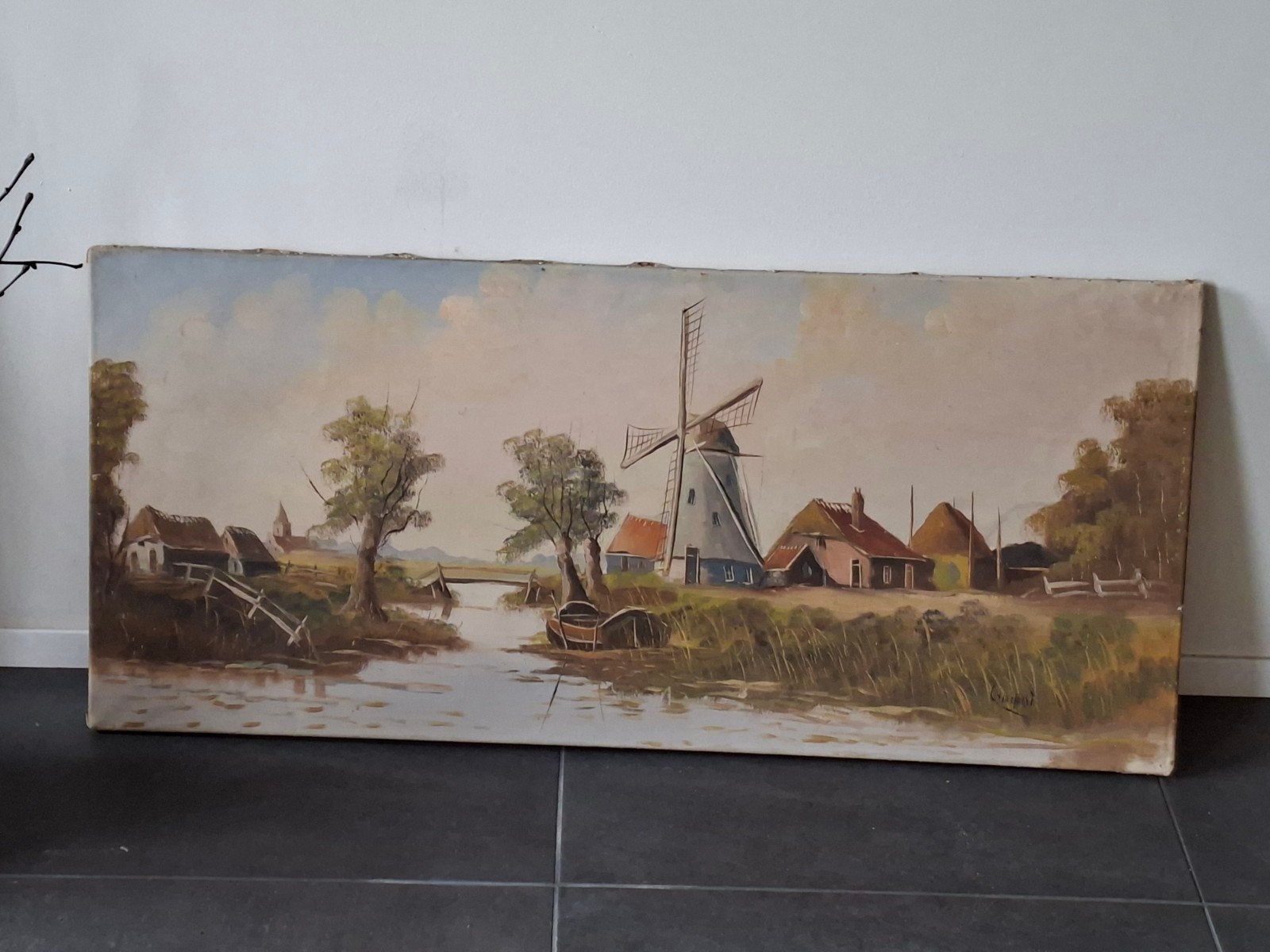 Schilderij Hollands Landschap met Molen - Olieverf op Doek, Antiek en Kunst, Kunst | Schilderijen | Klassiek, Ophalen