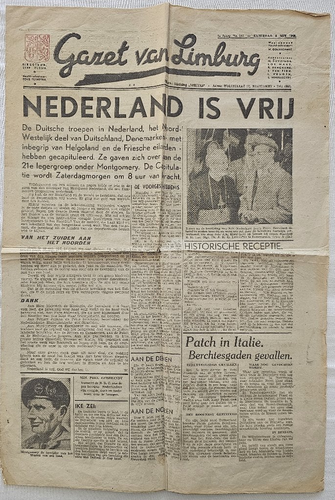 Gazet van Limburg: NEDERLAND IS VRIJ (5 mei 1945), Ophalen of Verzenden, Gelezen, Krant