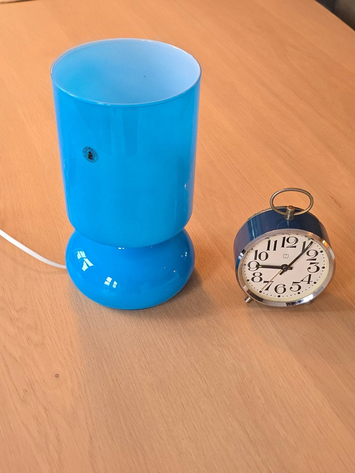 (2x) Vintage handgemaakte lamp ikea paddenstoel blauw glas, Blauw, Bureaulamp, Vintage, Ophalen of Verzenden