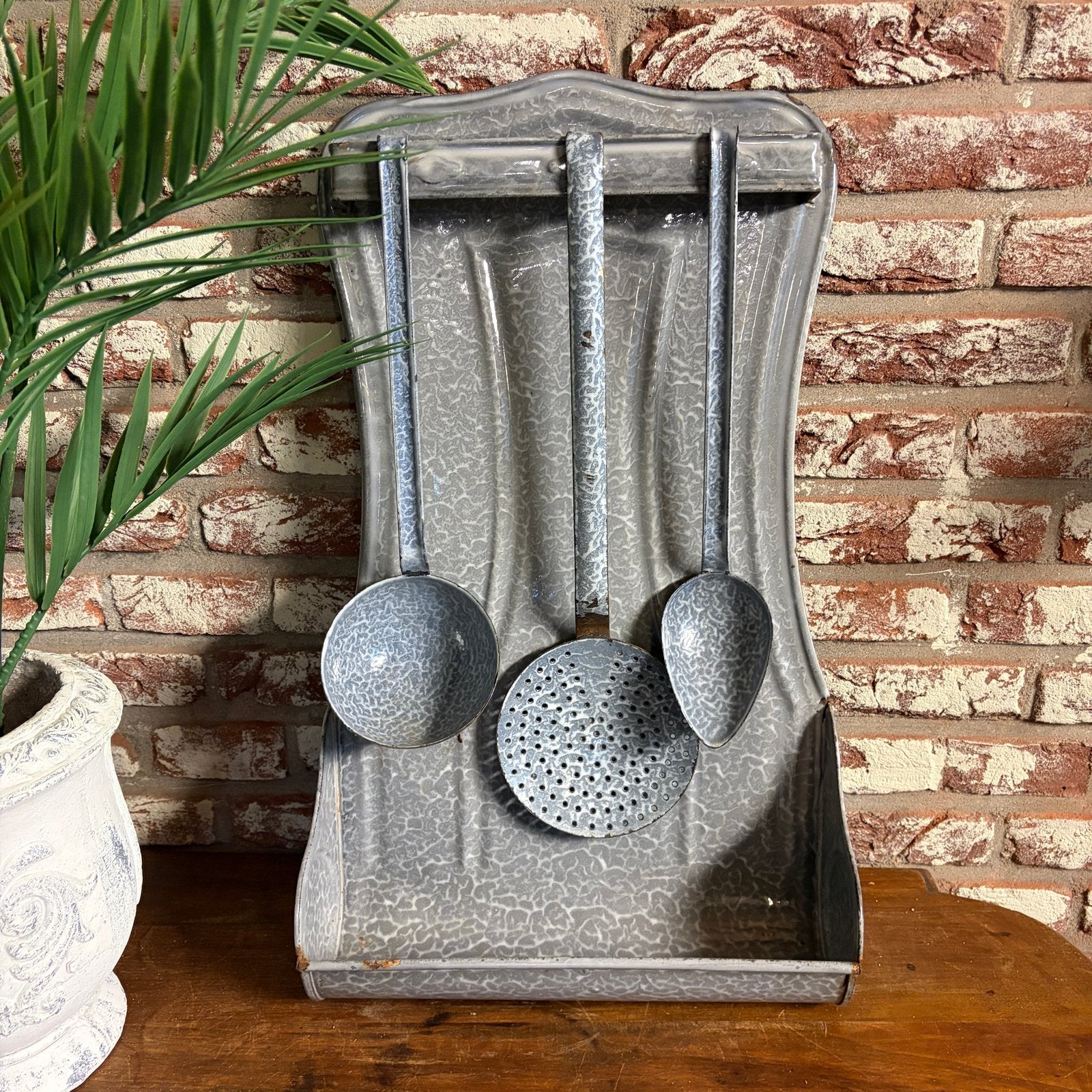 Emaille Lepelrek met 3 Lepels - Brocante rek - Vintage, Antiek en Kunst, Curiosa en Brocante, Ophalen of Verzenden
