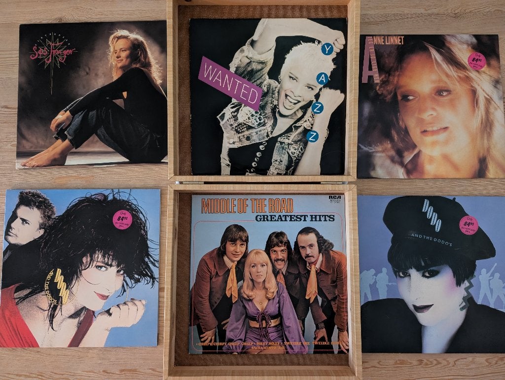 Vintage platenkoffer met 6 LP's, Beschermende buitenhoes, Ophalen of Verzenden, Zo goed als nieuw, 12 inch