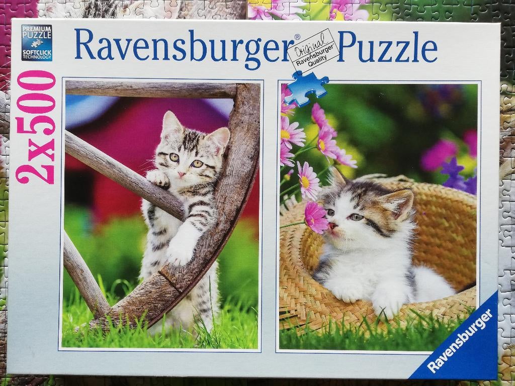 Puzzelbox 2 x 500 stukjes: Speelse Katjes, Ophalen of Verzenden, 500 t/m 1500 stukjes, Gebruikt, Legpuzzel