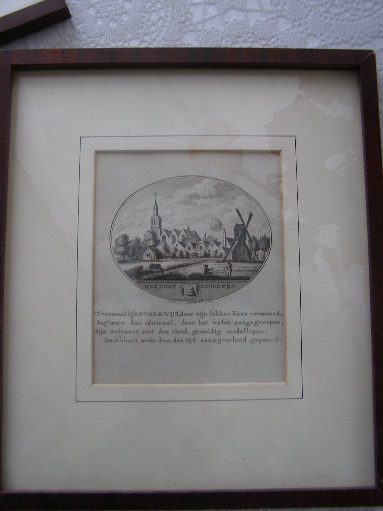 Originele gravure dorp Stolwijk rond 1793 + tekst ingelijst, 10 cm, Stadsgezicht, Ophalen of Verzenden, Gravure