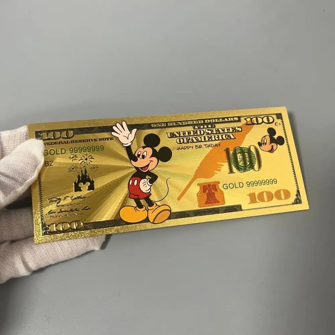 Mickey Mouse Verjaardag Goudfolie Biljet., Verzamelen, Disney, Ophalen of Verzenden, Mickey Mouse, Beeldje of Figuurtje