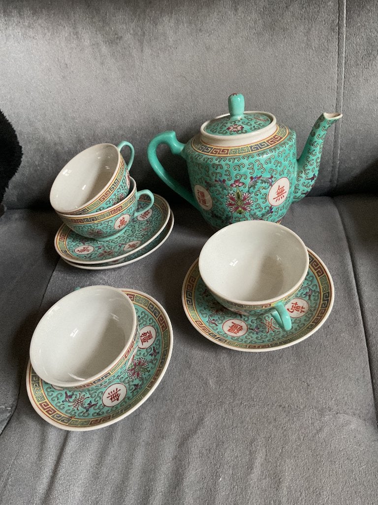 Vintage Chinees  mun shou turquoise servies, Ophalen of Verzenden