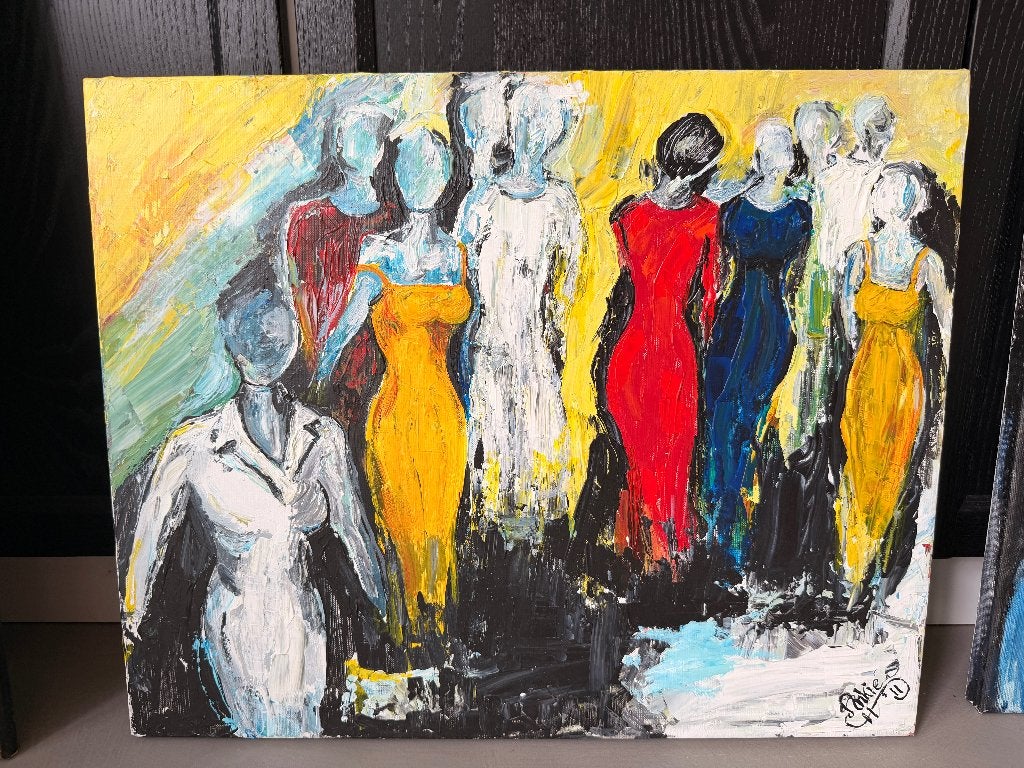 Schilderij 'Vrouwen in Kleur' - Gesigneerd door Ankie, Figuren, Handgeschilderd, Ophalen of Verzenden, Olieverf
