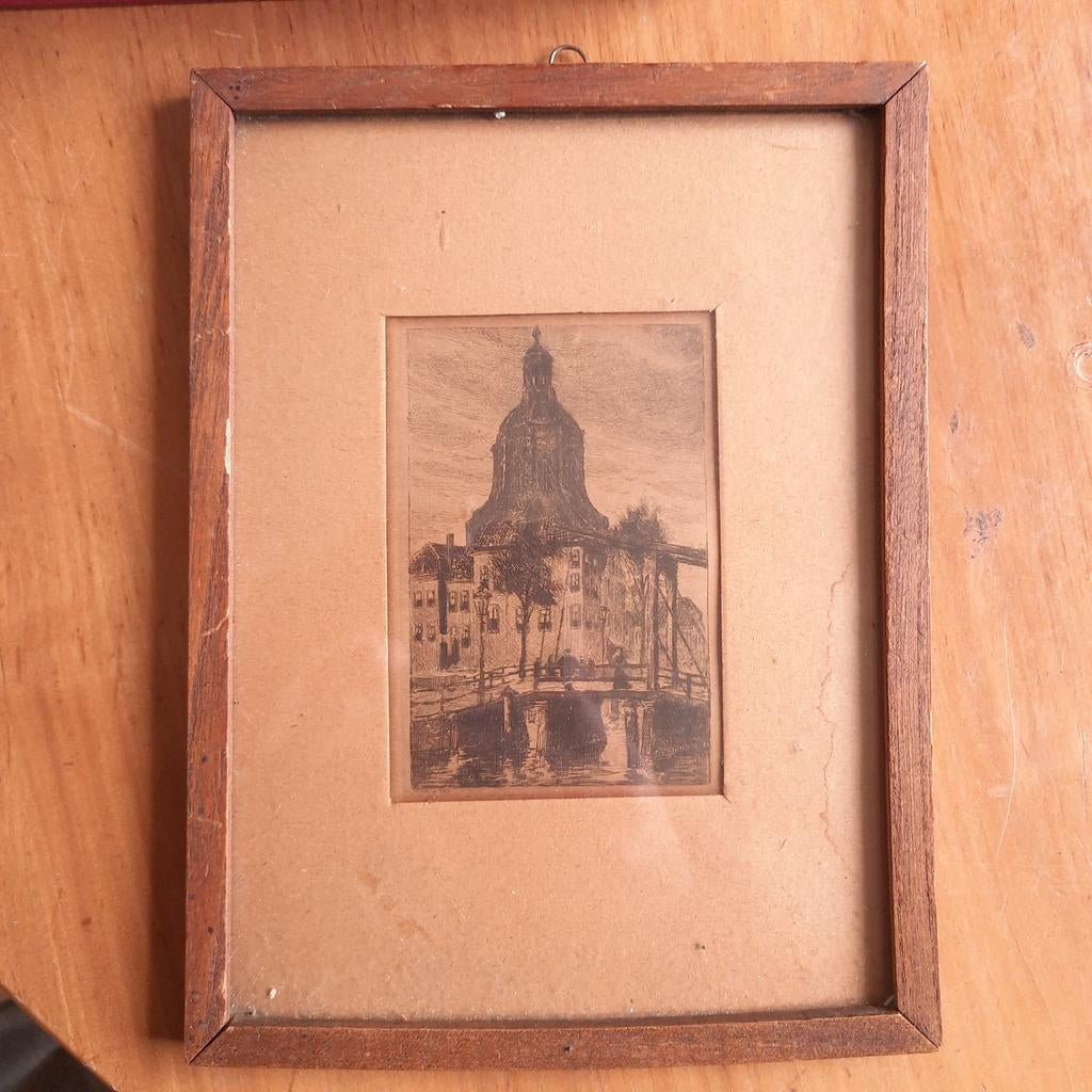 Antieke Ets Paul Matthes Stadsgezicht met Kerk en Brug, Antiek en Kunst, Verzenden