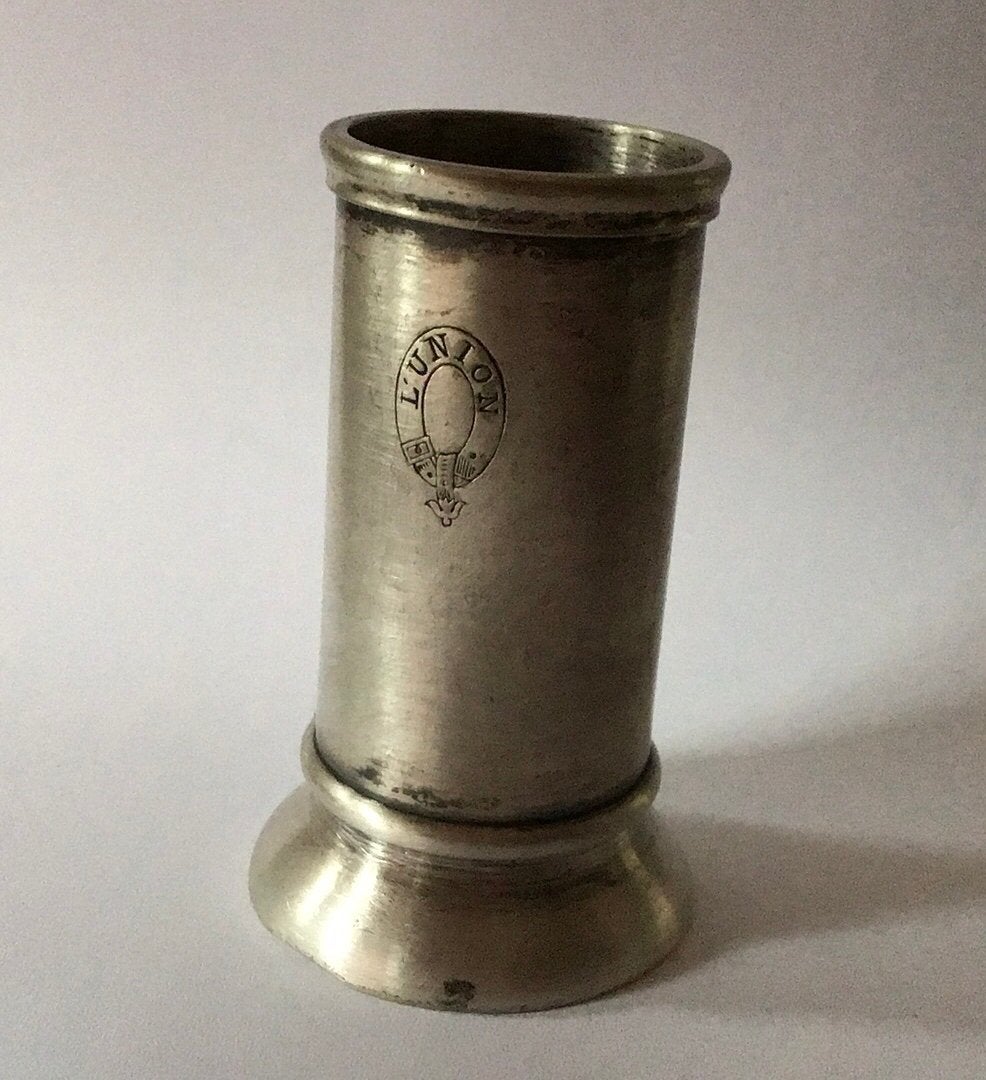 Maatbeker van tin L,Union gegraveerd,gemerkt Bohrmann, Ophalen of Verzenden