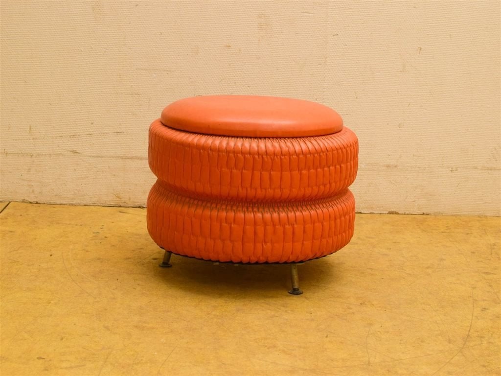 Vintage oranje poef 51842, Minder dan 50 cm, Gebruikt, 125 cm of meer, Rond