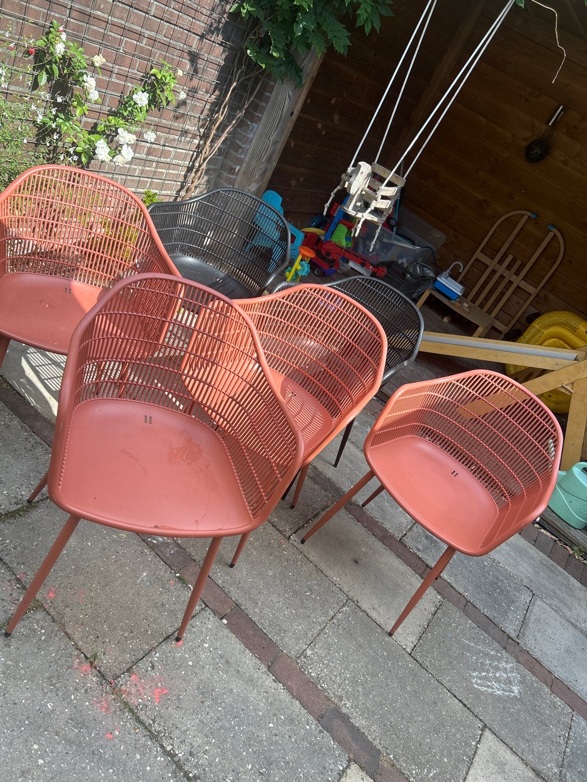 6 Tuinstoelen - Oranje en Zwart, Ophalen, Gebruikt, Kunststof