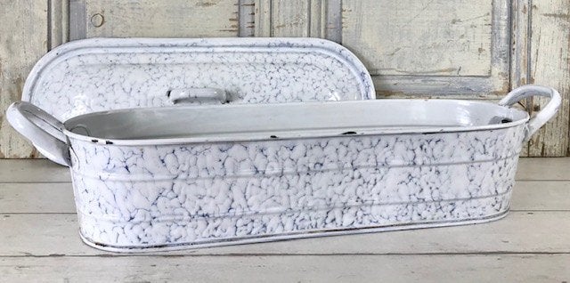 Grote Franse geëmailleerde vintage vispan wit blauw gewolkt, Antiek en Kunst, Antiek | Emaille, Ophalen of Verzenden