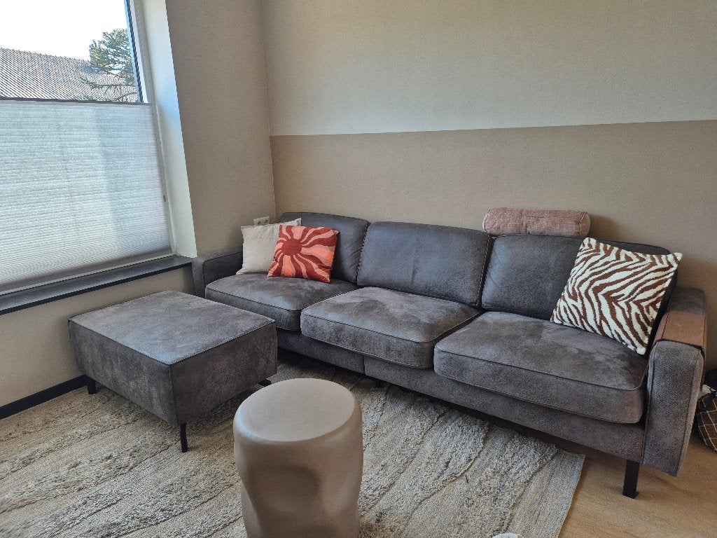 Microleder bank + hocker van Pronto Wonen, Ophalen, 250 tot 300 cm, Driepersoons, 75 tot 100 cm