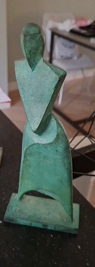 Abstracte groene sculptuur van Jan Vermaat., Ophalen of Verzenden, Gepatineerd, 20 - 50 cm, Beeld