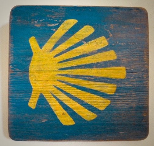Handgeschilderd houten bordje/Santiago Compostella/pelgrim, Hout, B6, Handgemaakt, Dj.kammeraat@telfort.nl