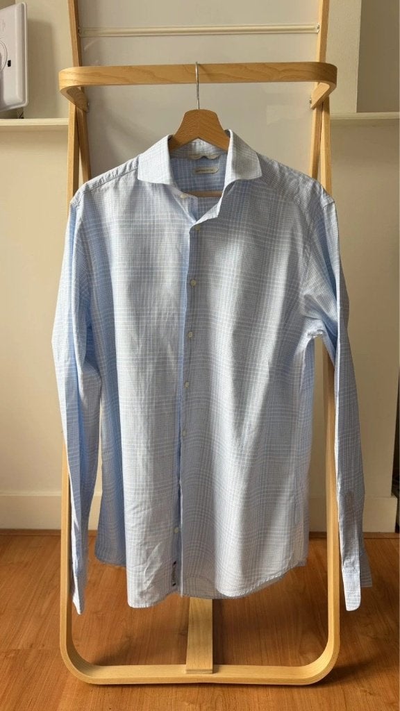 Suitsupply Egyptisch Katoenen Blauw Geruit Overhemd Leggiuno, Zo goed als nieuw, Halswijdte 41/42 (L), Suitsupply, Verzenden