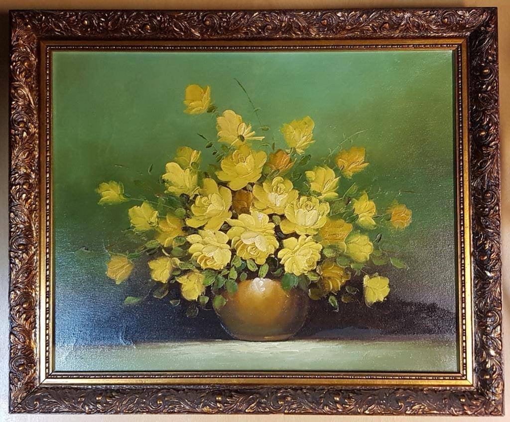 Schilderij Bloemen in vaas met groene achtergrond stilleven, Ophalen