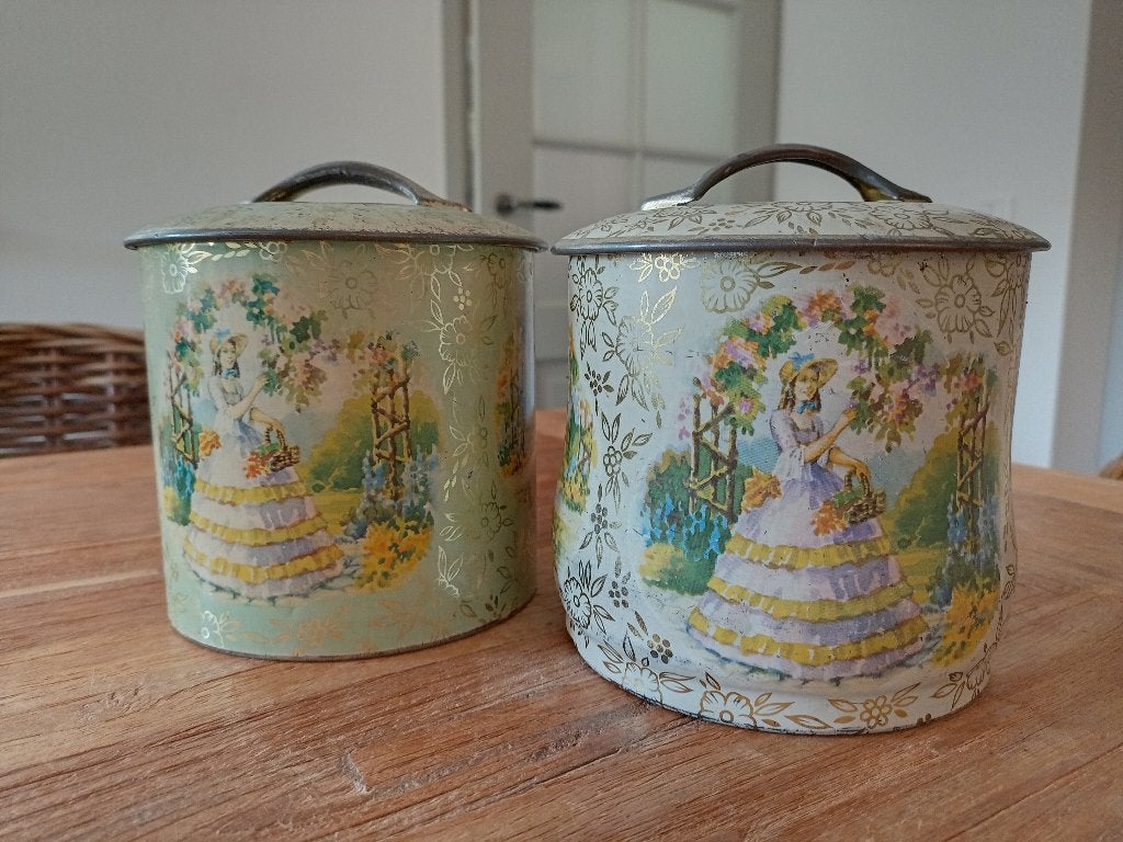 2 oude koek/thee blikken Victoriaanse print dame, Ophalen of Verzenden, Gebruikt, Overige