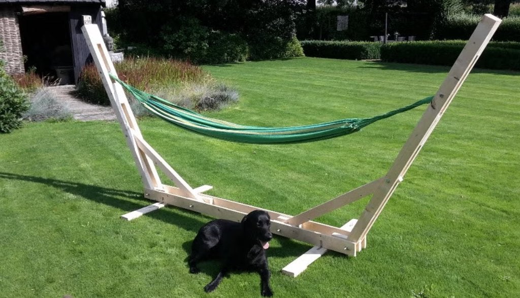 Houten hangmatstandaard met hangmat, Tuin en Terras, Ophalen, Zo goed als nieuw, Met standaard, Eenpersoons