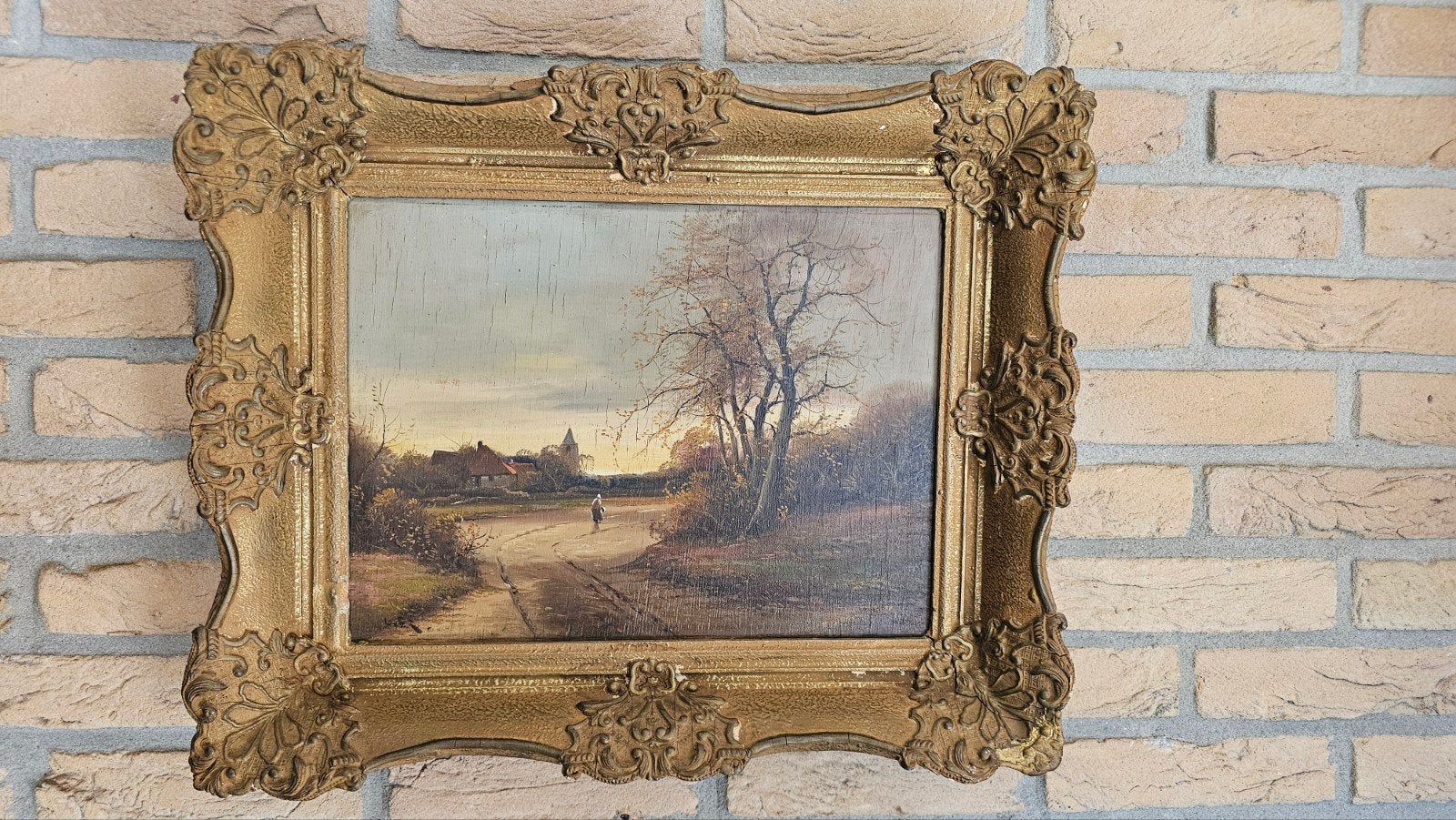 Oud Hollands landschap schilderij met barokke lijst, Ophalen, Paneel, Bijzondere lijst, Oud hollands