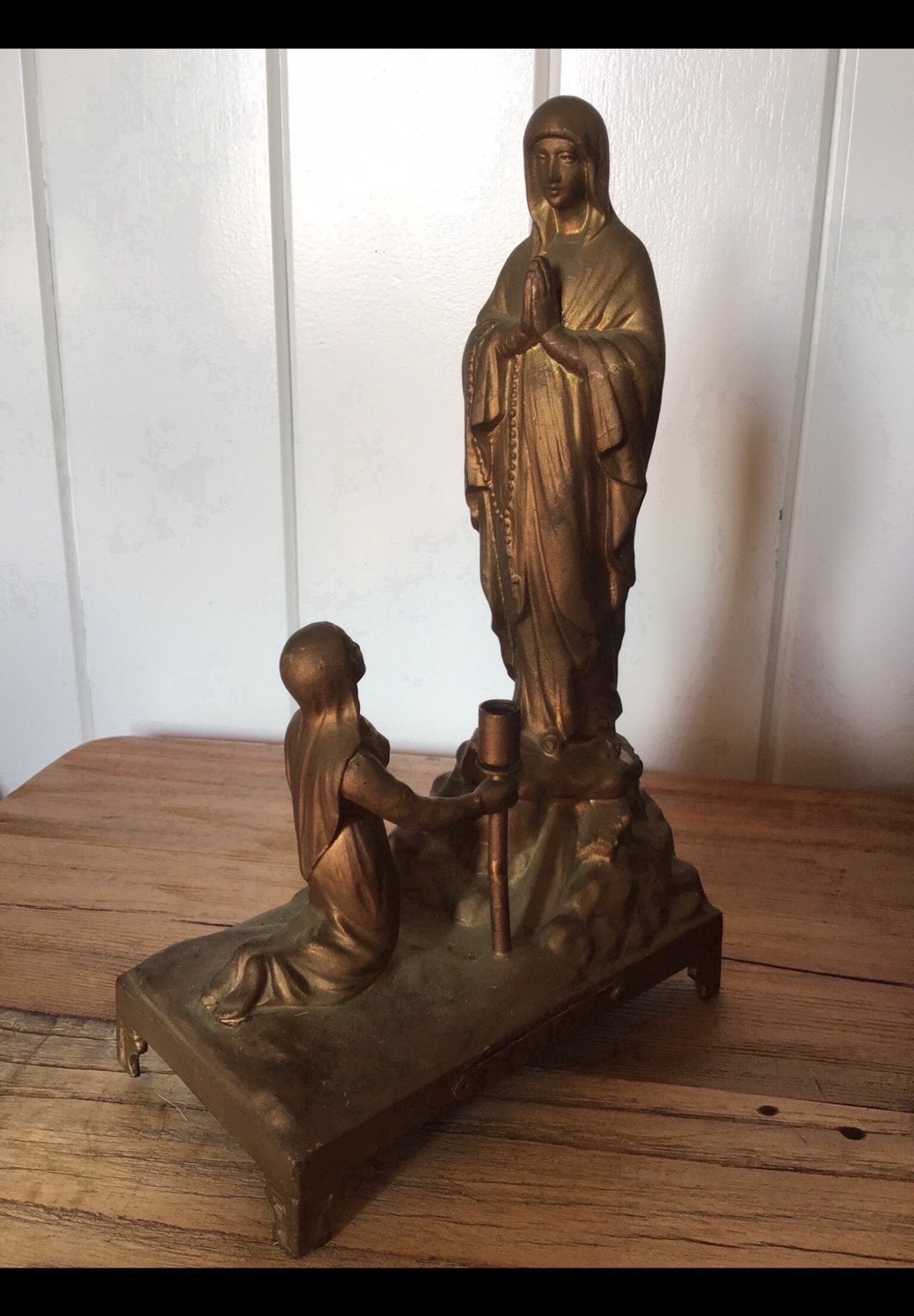 Religieus oud metalen beeld van Mariaverschijning, goudkleur, Ophalen of Verzenden