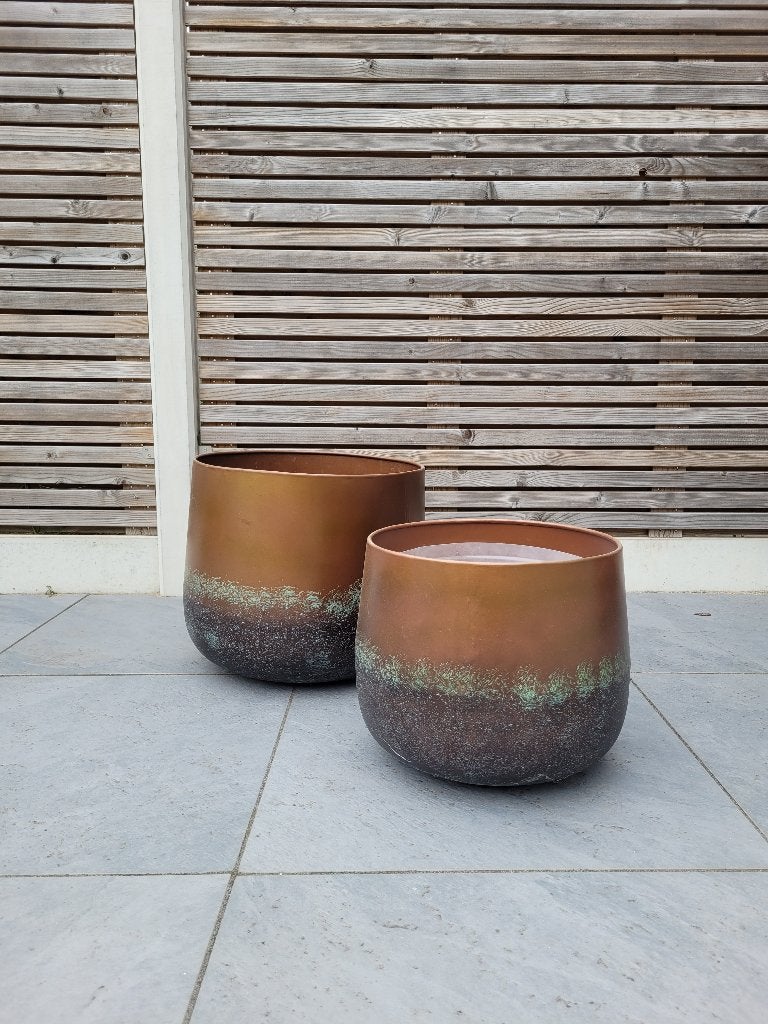 Elisa Mystic Bronze bloempotten – 2 verschillende maten, Tuin en Terras, Bloempotten, Ophalen, 40 cm of meer, Rond, Binnen