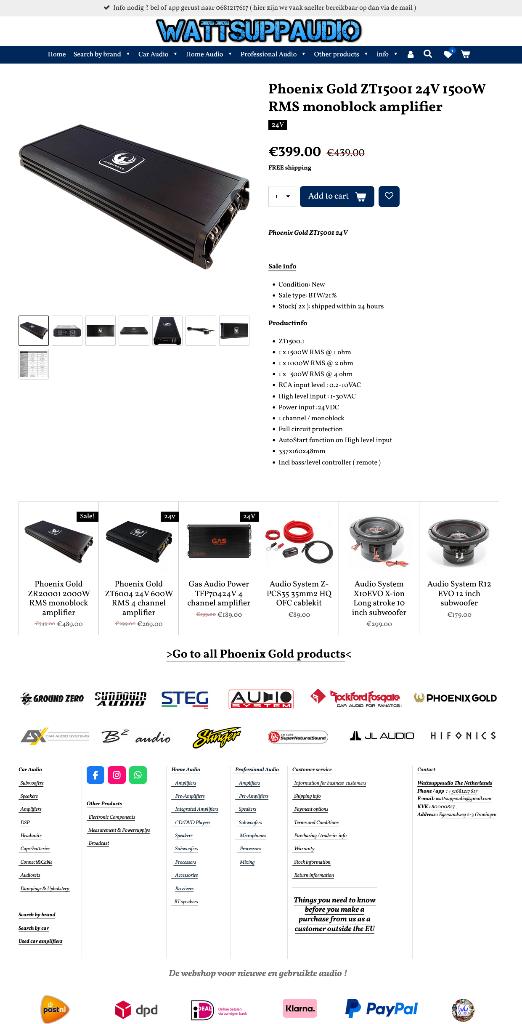 Phoenix Gold ZT15001 24V 1500W RMS Monoblok versterker, Auto diversen, Autospeakers, Hifi-Focus, Aalsmeerderweg 173 1432 CL, Aalsmeer