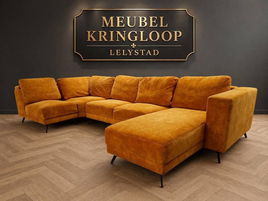 Hoekbank - u bank - velvet - oaker geel -340x160x160cm, Huis en Inrichting, Banken | Bankstellen, ., Hoekbank, 300 cm of meer