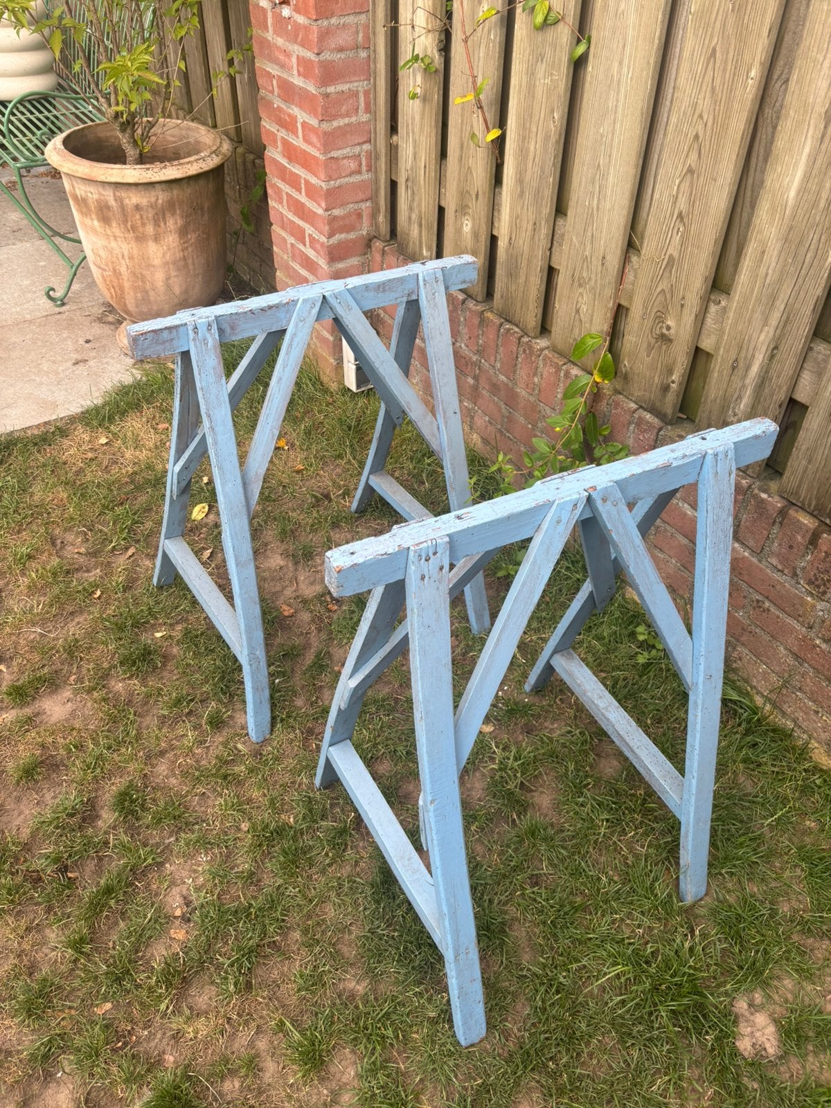 Oude houten schragen zaagbokken set van 2 vintage Frankrijk, Ophalen of Verzenden, Zo goed als nieuw, 75 cm of meer, 60 cm of meer