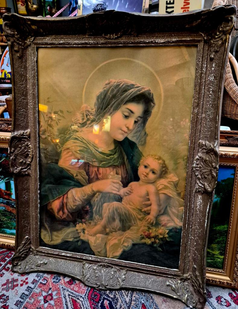 Antieke, religieuze prent in authentieke lijst, Ophalen, Gebruikt, Kaart of Prent
