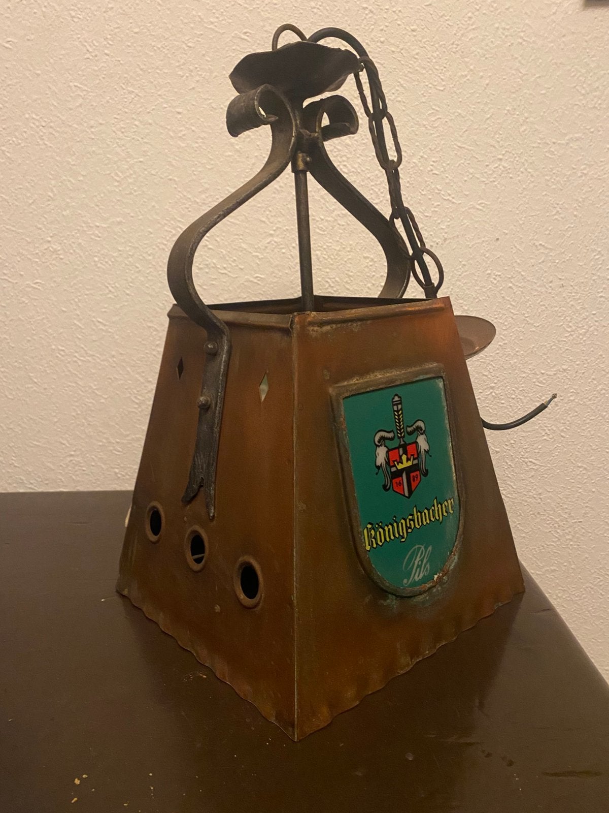 Mooie grote robuuste vintage kroegen lamp van koper en staal, Ophalen of Verzenden, Zo goed als nieuw
