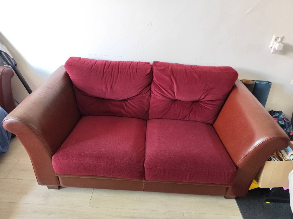 2-zits + 3-zits bank, rood stof met leren armleuningen,, Huis en Inrichting, Ophalen, Gebruikt, 150 tot 200 cm, 75 tot 100 cm