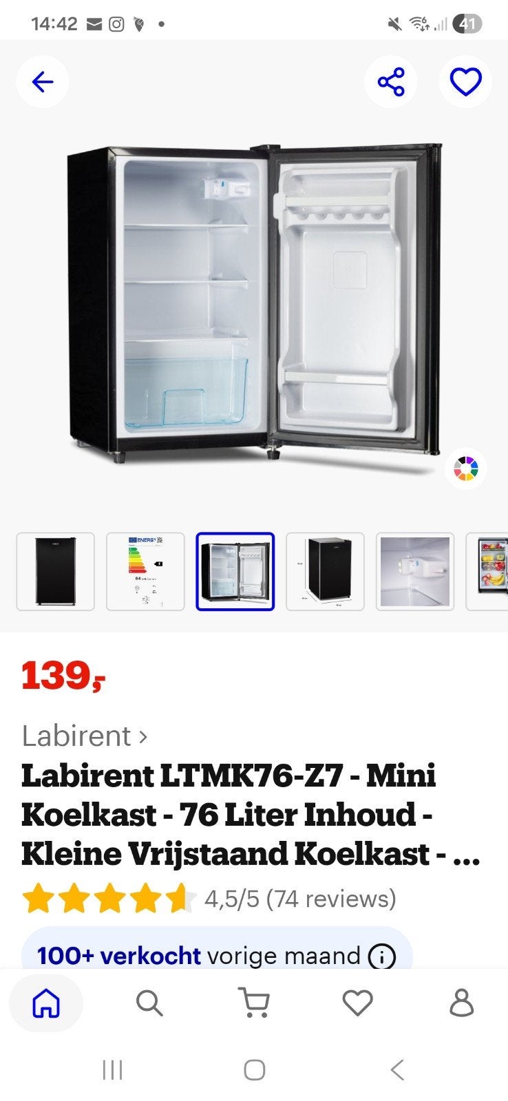 Labirent LTMK76-Z7 Mini Koelkast - 76 Liter - Zwart, 75 tot 100 liter, 45 tot 60 cm, Ophalen, 85 tot 120 cm