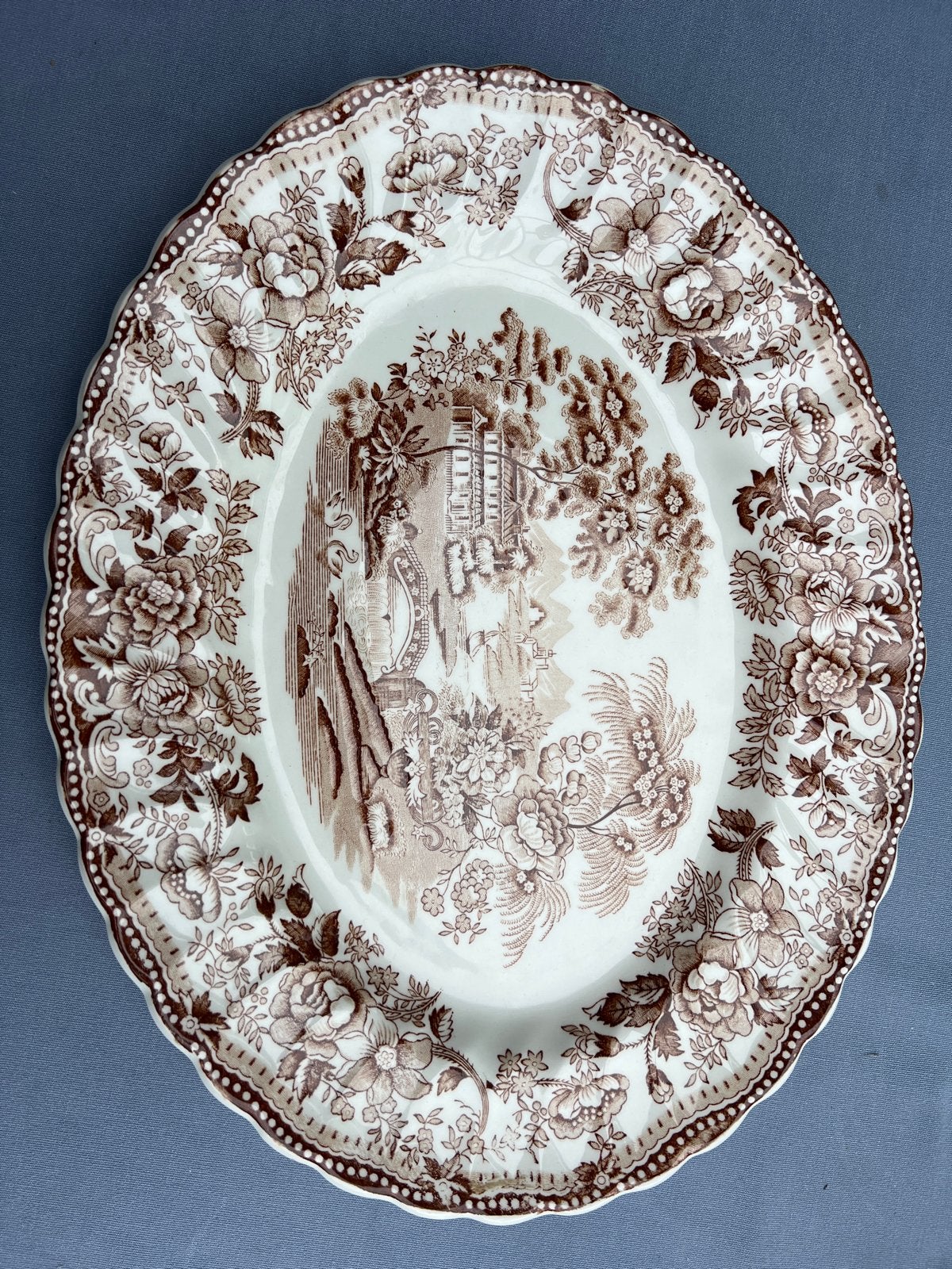 Vintage Myott Tonquin bruin transferware ovale schaal, Ophalen of Verzenden