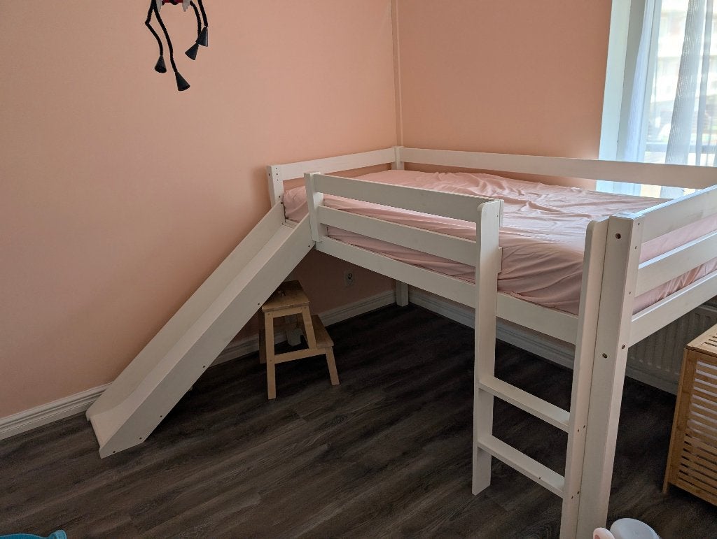 Gave half hoogslaper, kinderbed met glijbaan, Ophalen, 85 tot 100 cm, Lattenbodem, Zo goed als nieuw