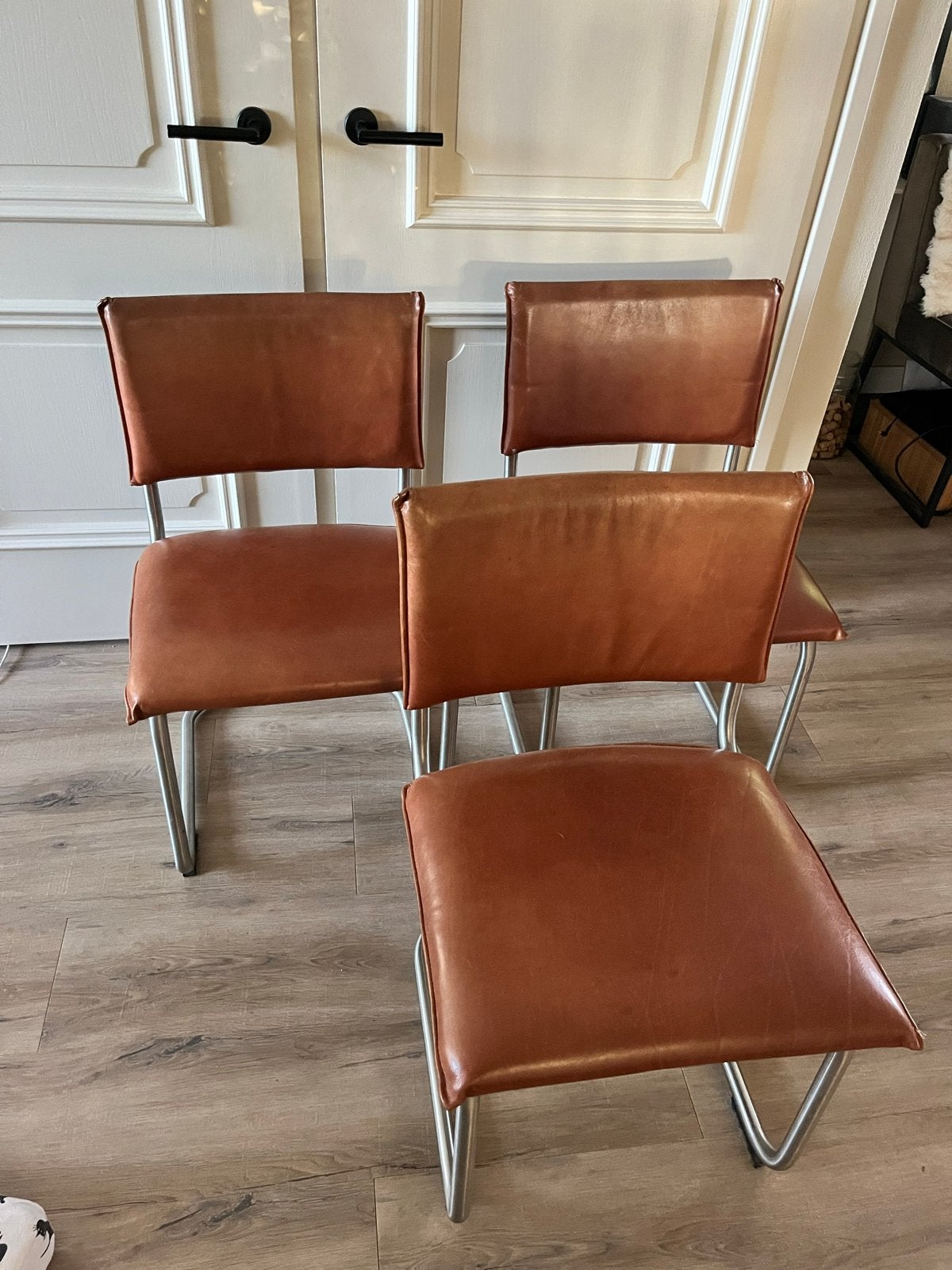 6 Jess Design stoelen - Cognac leer, Huis en Inrichting, Gebruikt, Leer, Ophalen of Verzenden, Drie