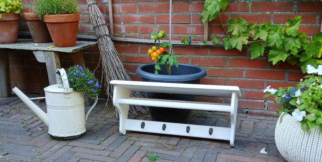 Brocante houten kapstok - wit - landelijk wandrek - shabby c, Wandkapstok, Gebruikt, Ophalen of Verzenden, Minder dan 100 cm