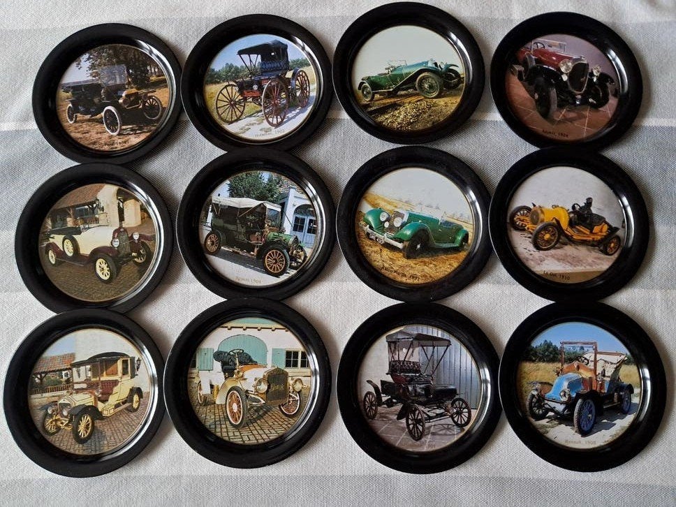 Complete set Oldtimers vintage onderzetters van metaal, Glasonderzetter, Ophalen of Verzenden, Dubbelzijdig, Metaal