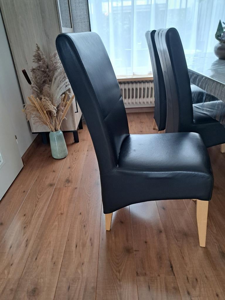 6 Zwarte Leren Eetkamerstoelen, Ophalen, Gebruikt, Zwart, Leer