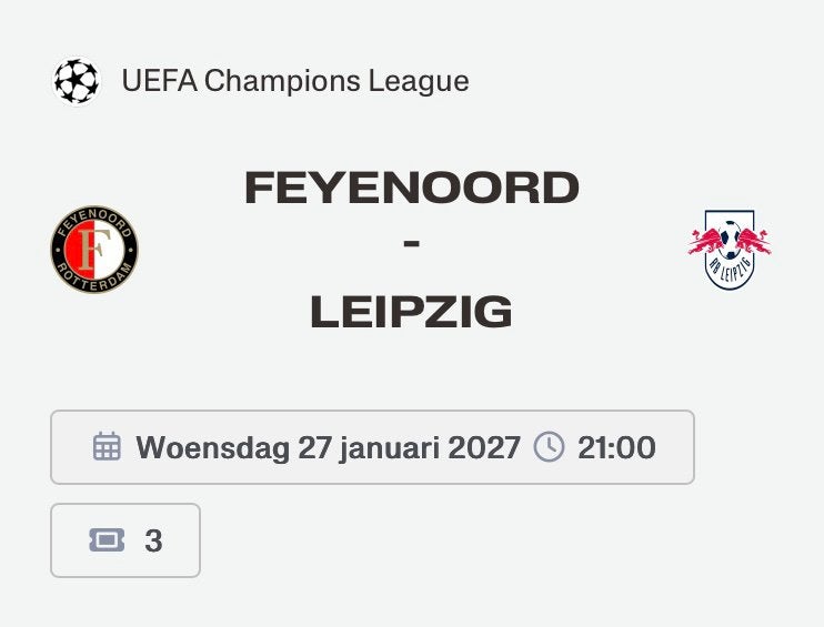 TE KOOP | 3x | tickets | kaarten | Feyenoord - Leipzig | CL, Tickets en Kaartjes, Losse kaart, Drie personen of meer, Januari