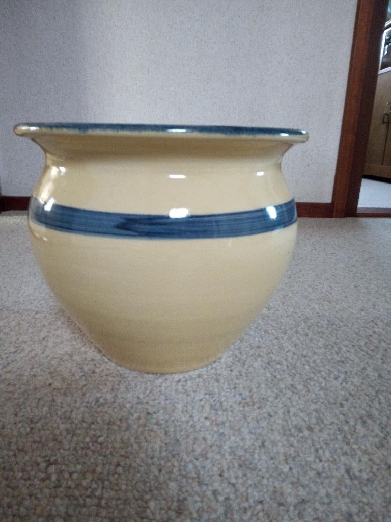 Grote Crème/Blauw Geglazuurde Aardewerk Bloempot ZGAN !!!, Ophalen, Rond, Binnen, Zo goed als nieuw