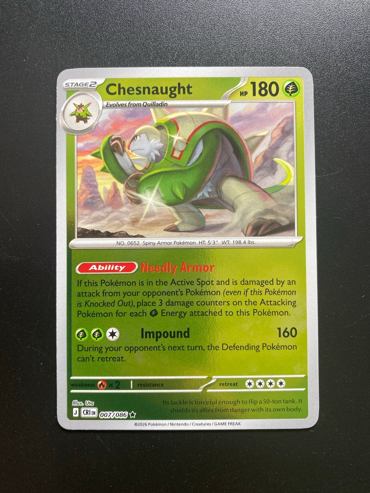 Chesnaught 007/086 Rev. Holo Pokémon Chaos Rising Packfresh, Ophalen of Verzenden, Nieuw, Losse kaart, Foil