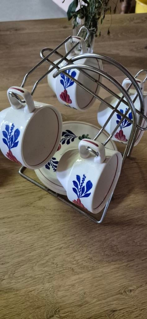 Boerenbont koffieservies met rekje - 4 kopjes en schotels, Gebruikt, Keramiek, Ophalen of Verzenden, Kop(pen) en/of Schotel(s)