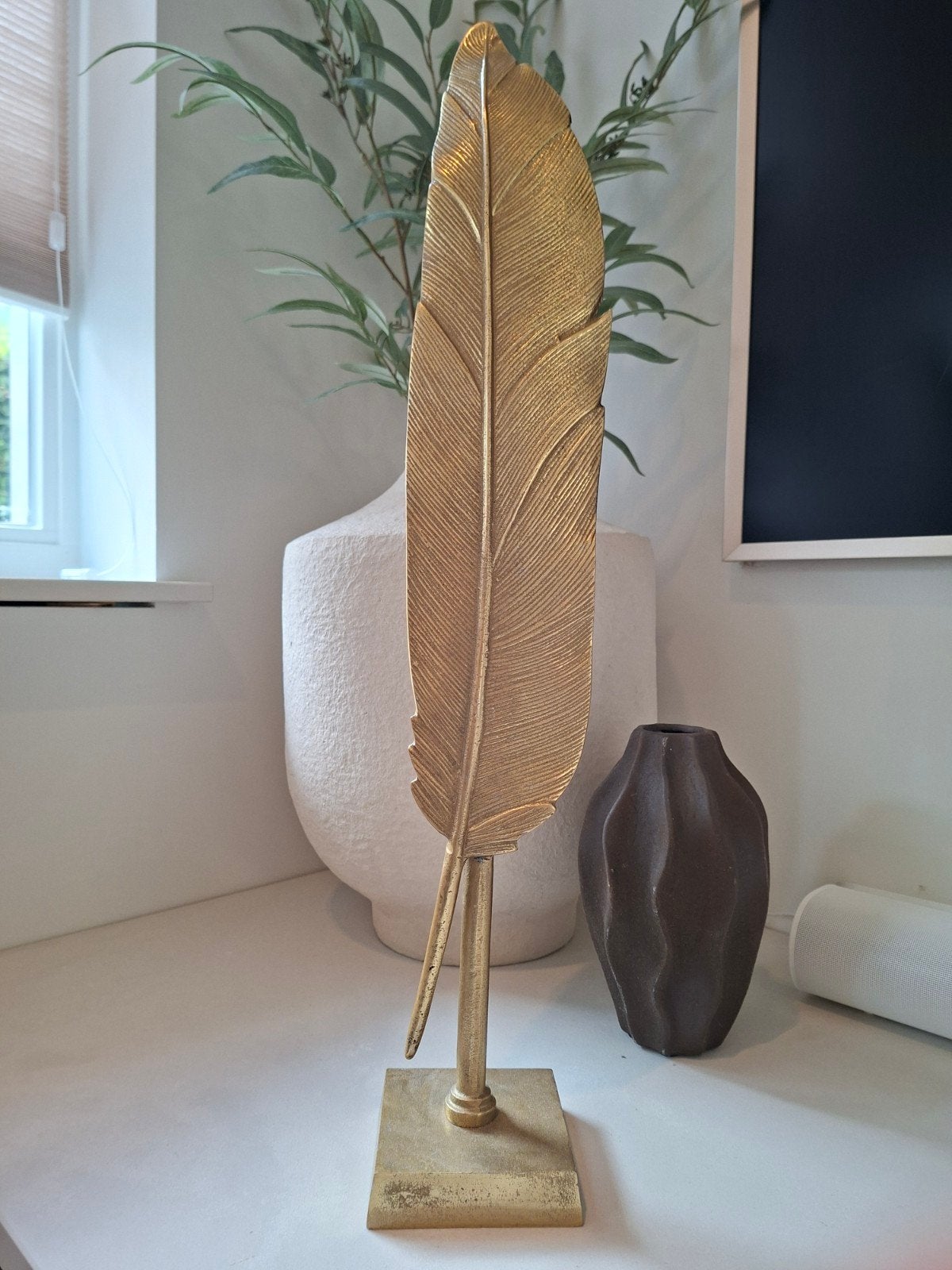 Gouden metalen decoratieve veer - 67,5 cm hoog, Ophalen, Gebruikt, Goud, Metaal