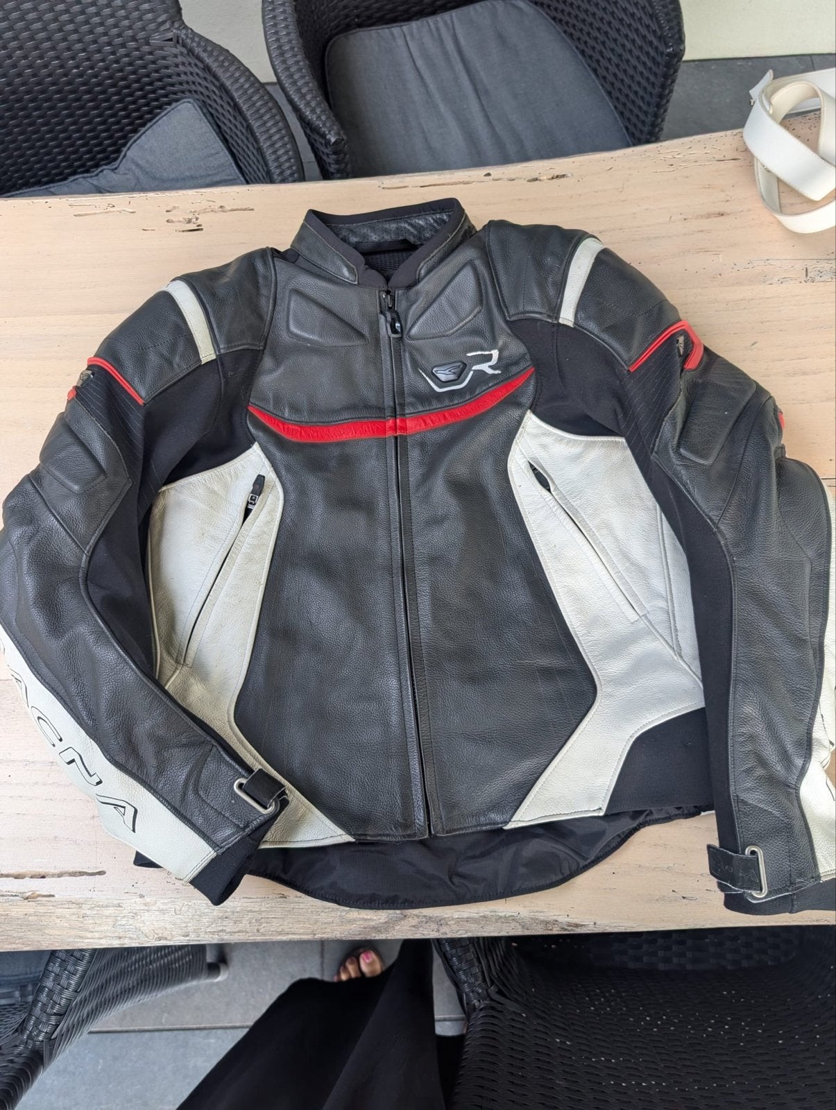 Macna motorjas leer - Zwart/Wit/Rood - Maat L, Ophalen, Tweedehands, Heren, Jas | leer