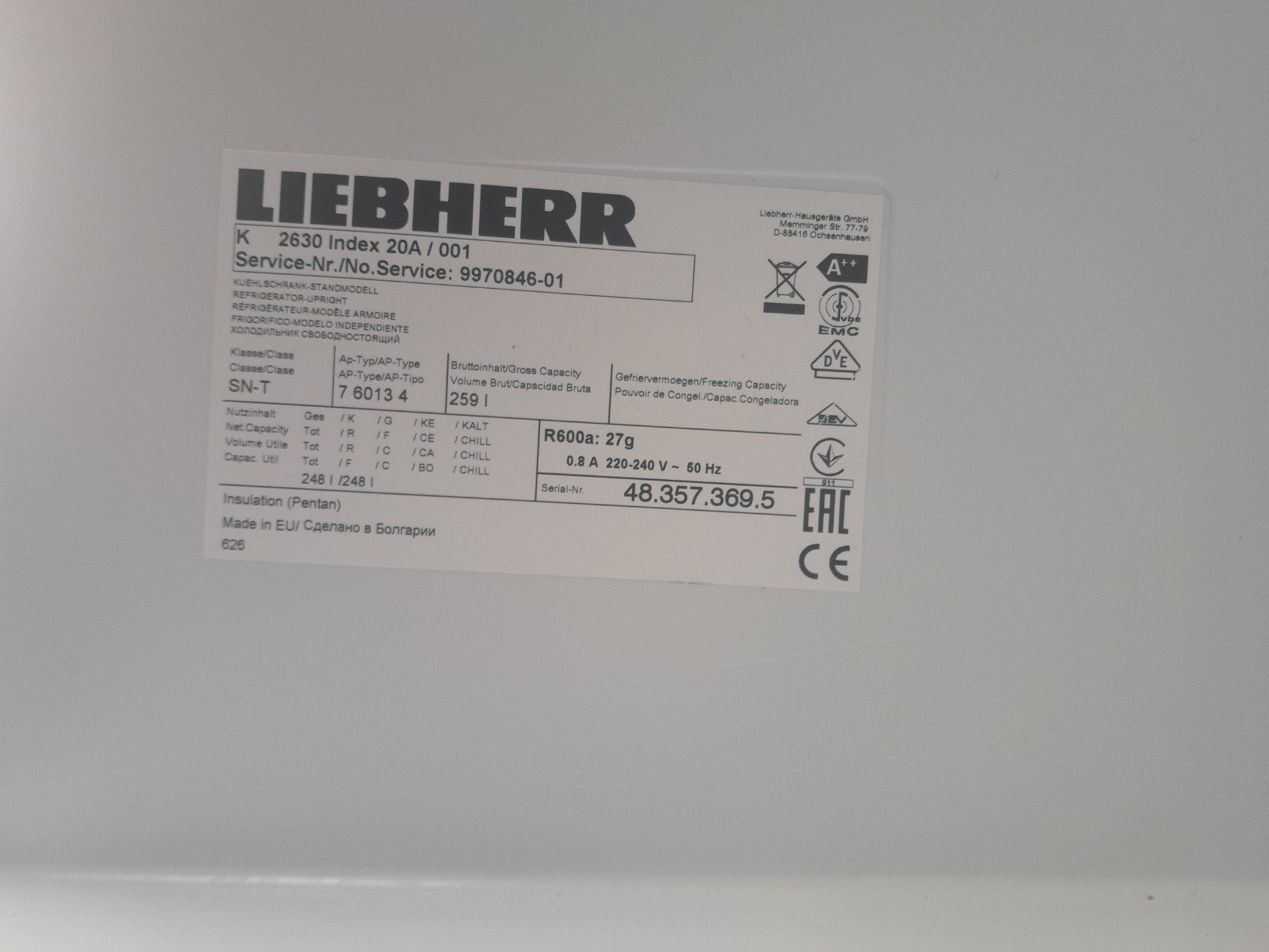 Liebherr K 2630 Koelkast - 259L Inhoud, Ophalen, 200 liter of meer, 160 cm of meer, Zonder vriesvak